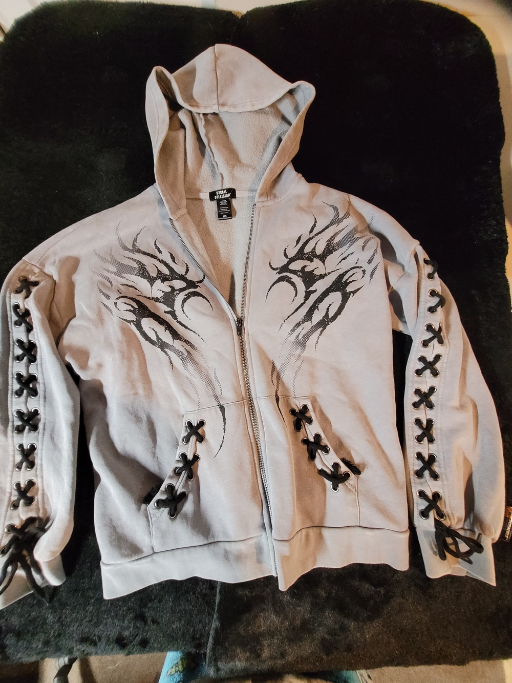 Social Collision Y2K Tribal Lace Up Zip Hoodie Gray Womens M